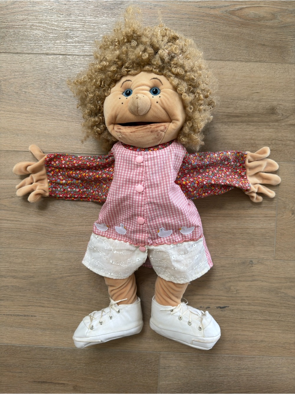 Vtg Folkmanis Plush Hand Puppet 26" Human Girl Blonde Curly Hair Blue Eyes Doll